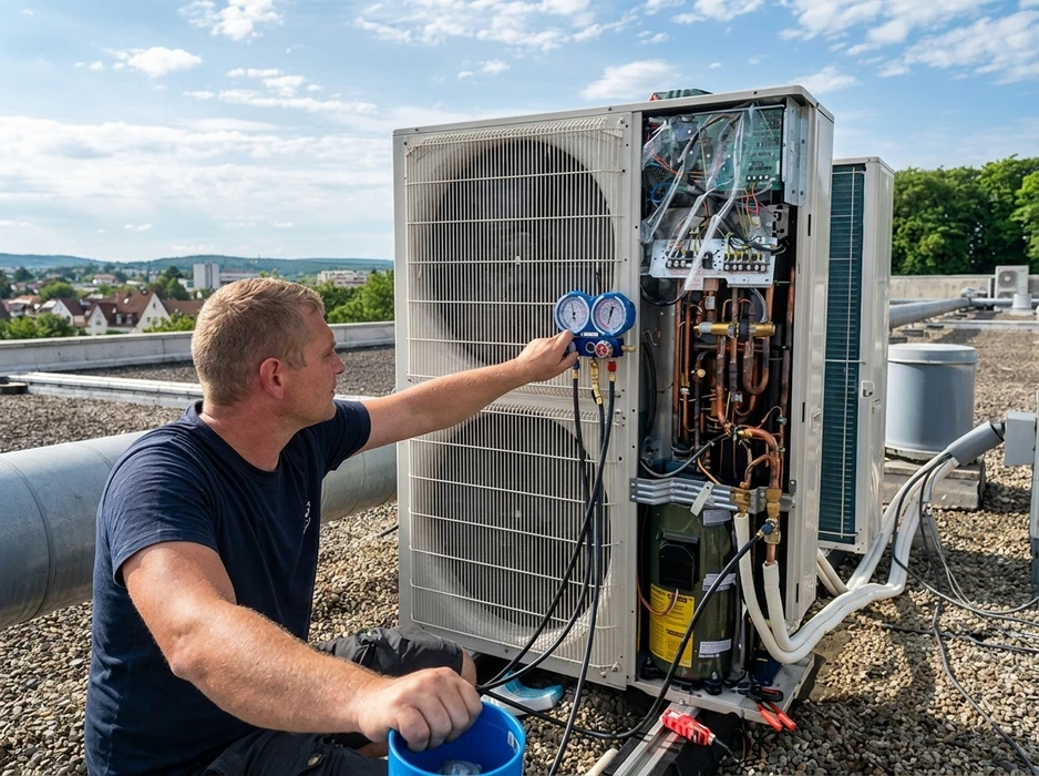 Extérieur résidentiel avec unité de climatisation installée sur socle béton contre mur beige