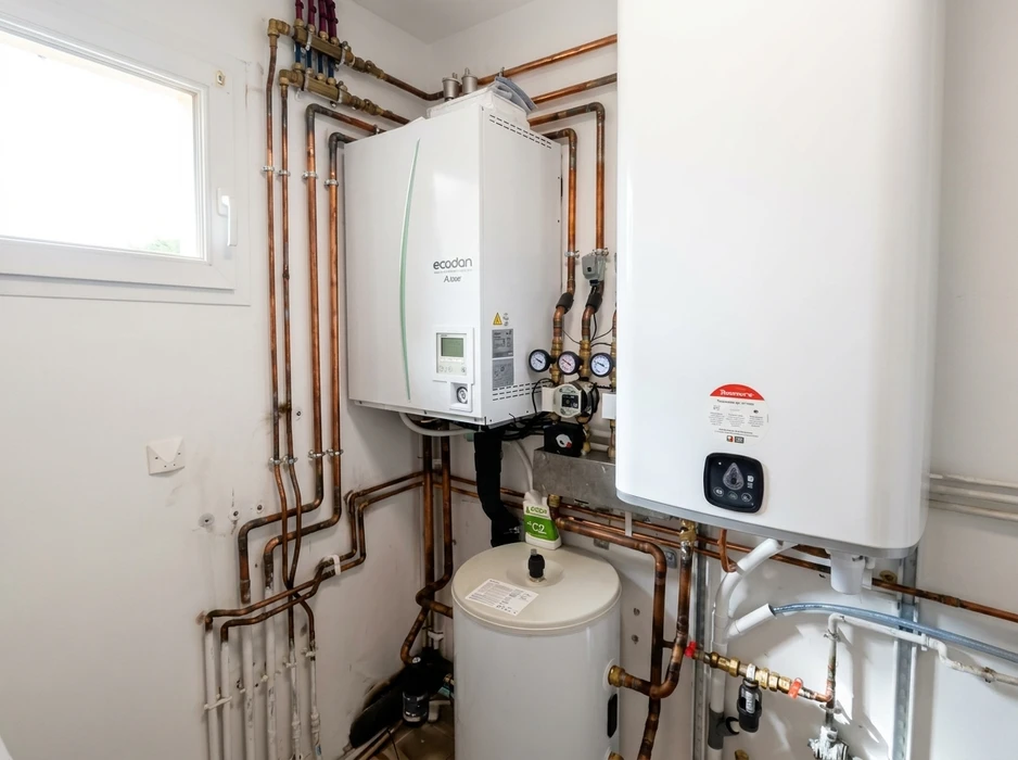 Local technique intérieur avec installation de pompe à chaleur air/eau **Mitsubishi Ecodan** montée en mural, réseau de tuyauterie en cuivre, vase d'expansion, groupe hydraulique avec manomètres, ballon tampon au sol et ballon d'eau chaude sanitaire **Romaero** mural