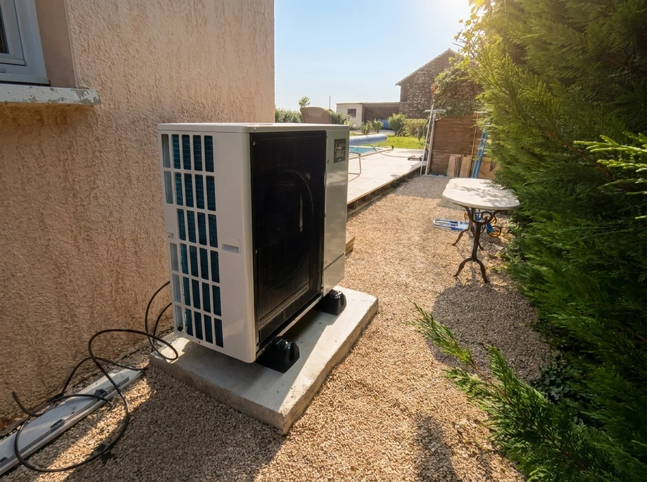 Jardin extérieur ensoleillé avec unité extérieure de pompe à chaleur air/air installée sur dalle béton contre mur enduit