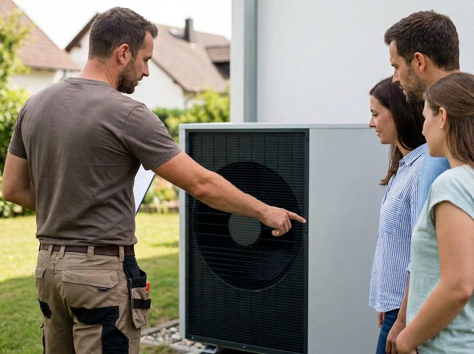 Artisan en uniforme de travail Cosolis Énergie, sur un chantier résidentiel, en train d'expliquer ou de présenter une pompe à chaleur air-eau installée à un client propriétaire des lieux. L'artisan pointe ou gesticule vers l'équipement technique tout en communiquant avec le client. Contexte ensoleillé, jardin résidentiel, installation en terrasse pavée ou sur dalle béton. L'accent est mis sur la relation de proximité et la transmission de savoir du professionnel vers le client satisfait.