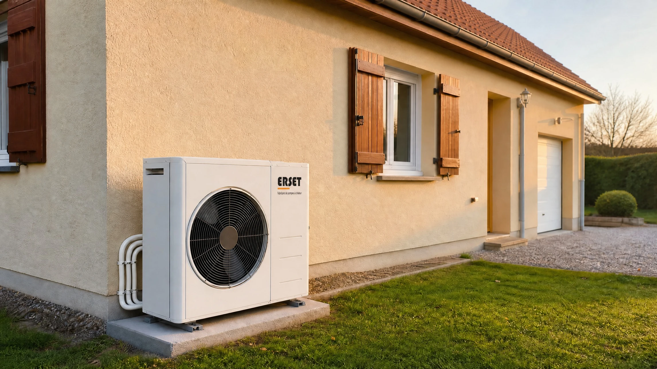 Scène extérieure sur mur orange avec unité extérieure de climatisation fixée sur support métallique