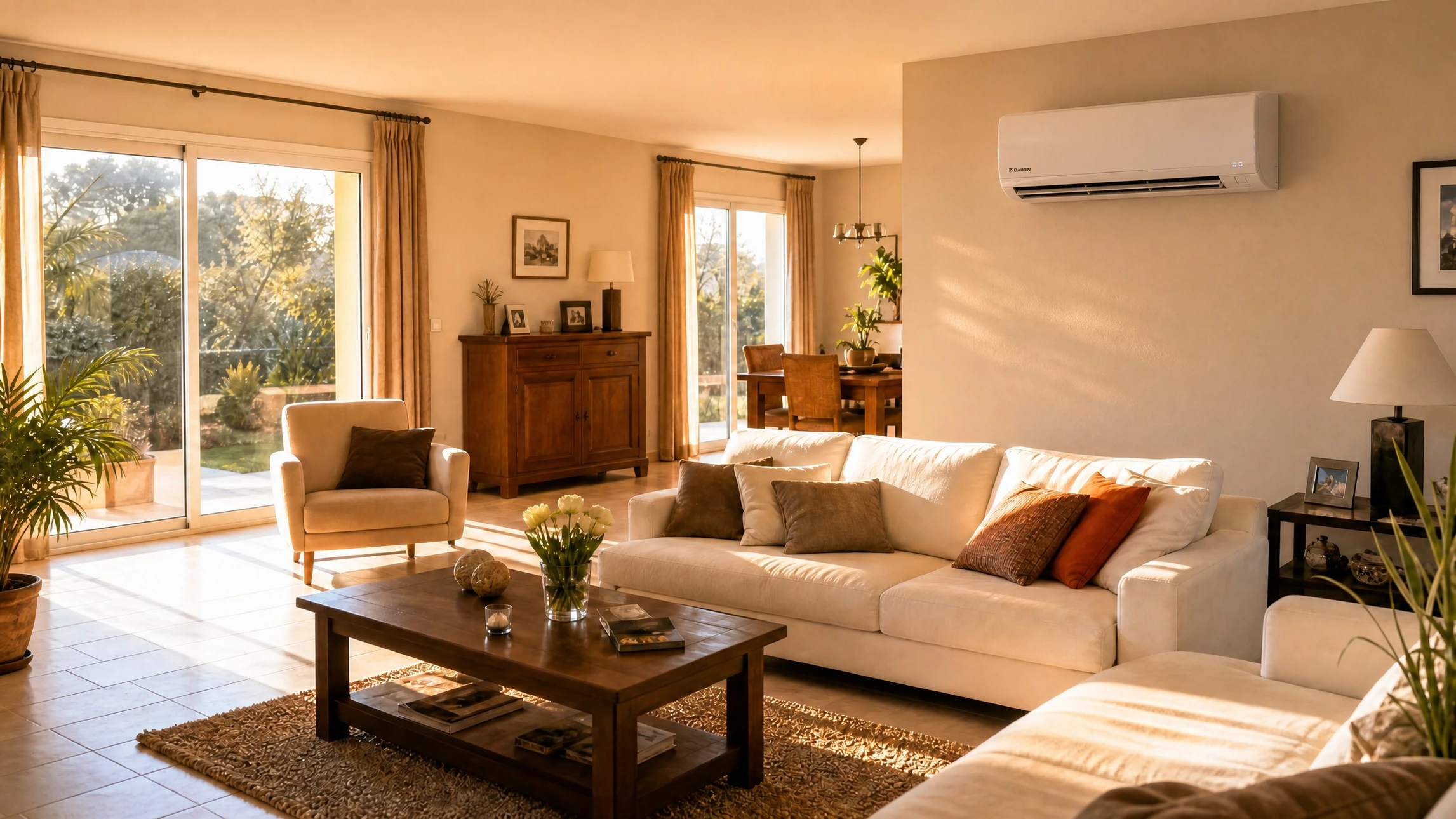 Intérieur moderne avec climatiseur mural blanc installé sur mur gris clair, affichage LED température "22°", fenêtres laissant entrer lumière naturelle, végétation visible extérieur