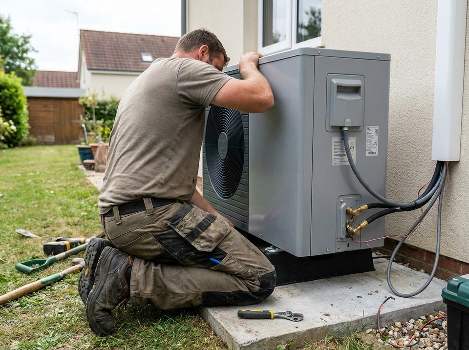 Technicien en salopette et gants orange effectue la maintenance d'un radiateur à ailettes en aluminium blanc dans un intérieur résidentiel