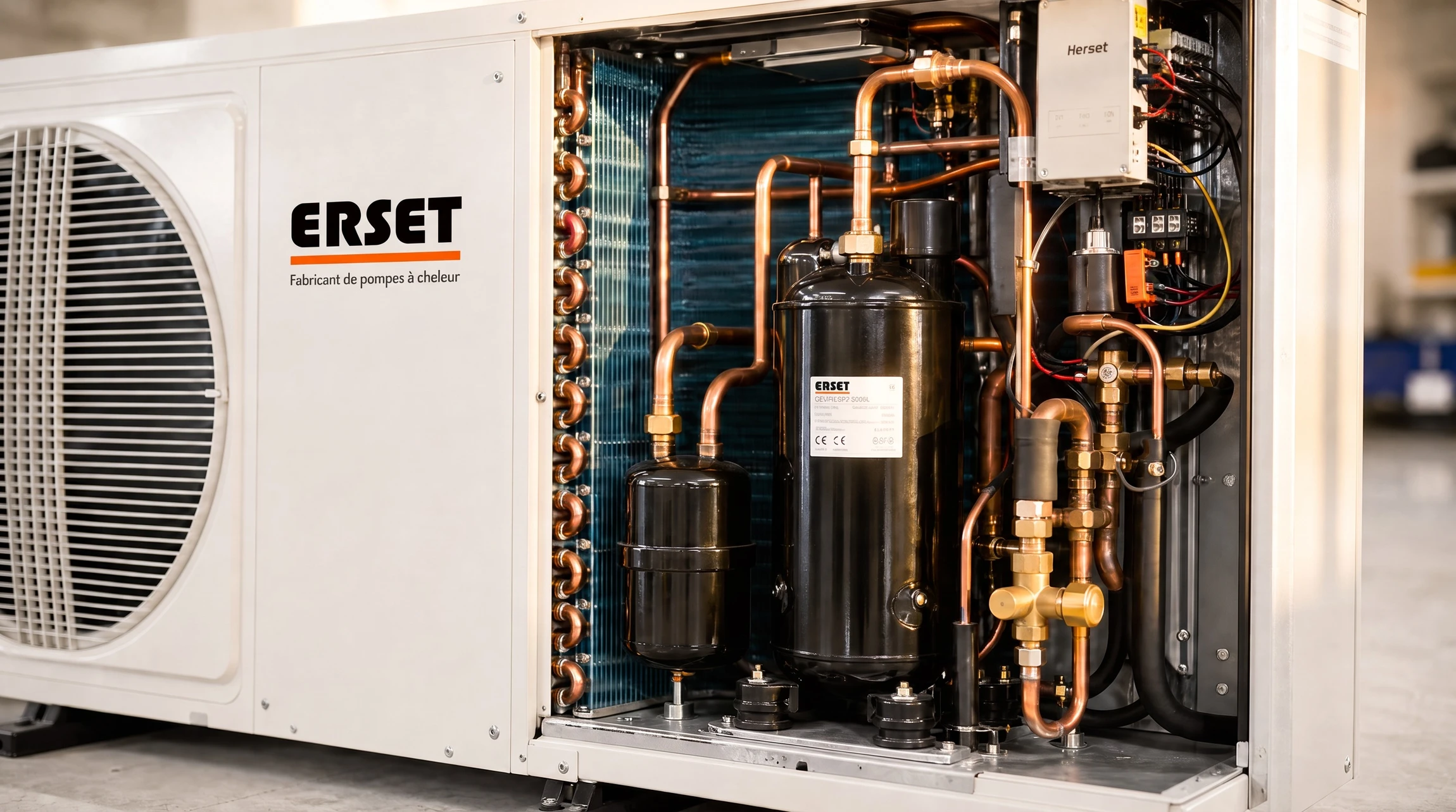 Technicien en tenue professionnelle effectuant la maintenance et l'entretien d'une pompe à chaleur air-air Mitsubishi dans un local technique résidentiel, équipé de manomètres et outils de diagnostic, dans une posture attentive et professionnelle, illustrant l'expertise technique et l'engagement RGE de l'entreprise.