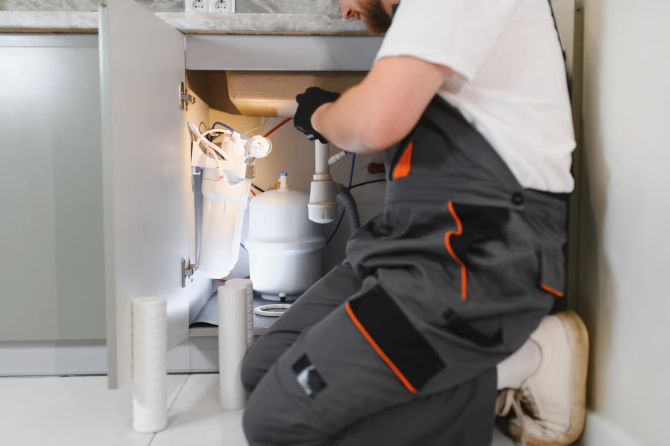 Photographie d'une salle de bain en cours de rénovation montrant l'installation de tuyauterie en cuivre, des raccordements sanitaires, et des travaux de plomberie générale en progression. Technicien professionnel effectuant des raccordements visibles à un ensemble sanitaire (vasque, douche), environnement de chantier professionnel avec outillage. Éclairage naturel, plan serré sur les détails techniques de la plomberie et les sanitaires, démontrant l'expertise locale en réseau d'eau et installation sanitaire.