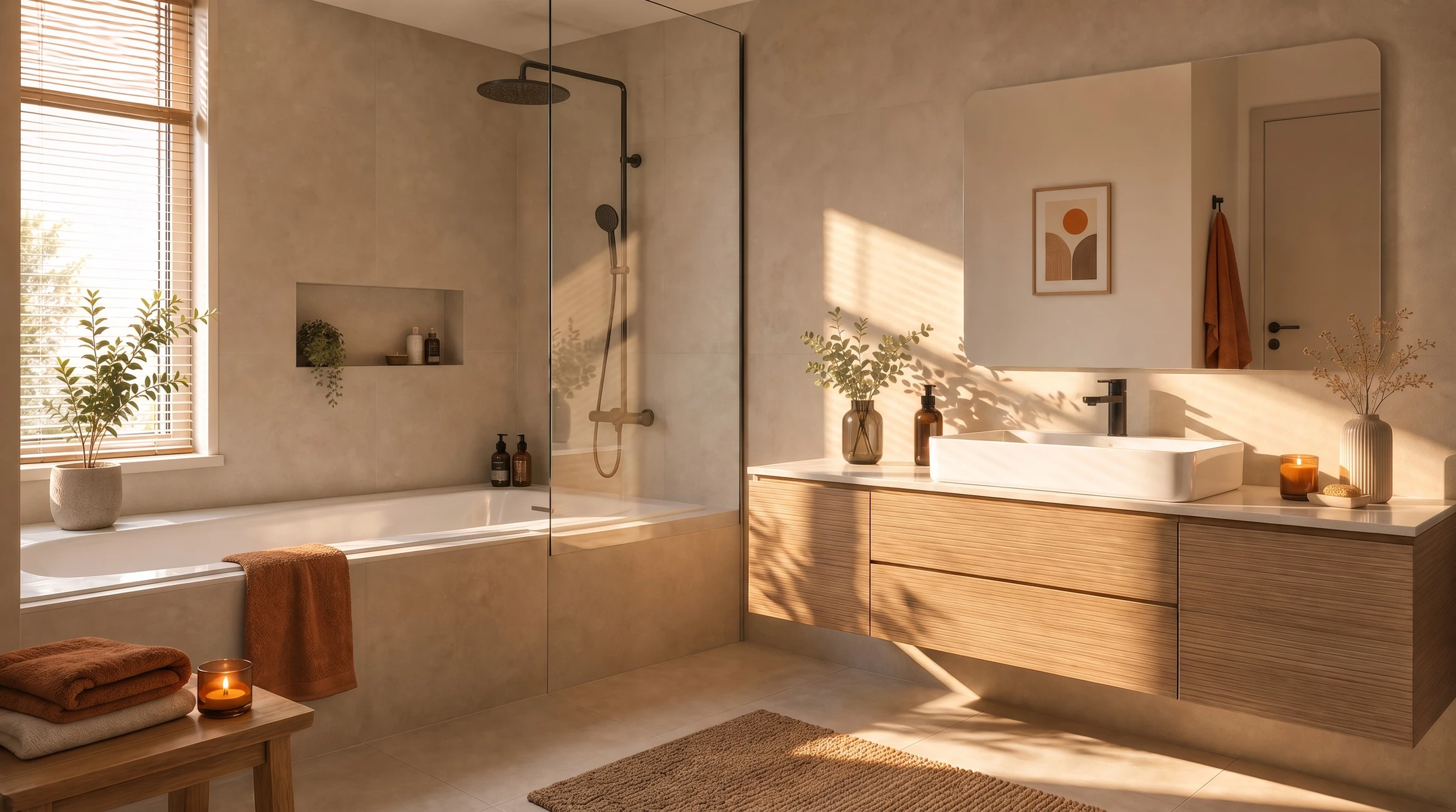 Salle de bain moderne haut de gamme avec douche à l'italienne vitrée, meuble vasque suspendu en bois texturé, miroir rétroéclairé LED