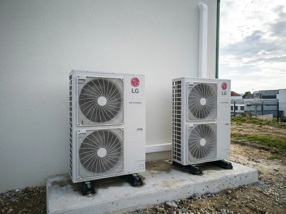 Jardin extérieur ensoleillé avec unité extérieure de pompe à chaleur air/air installée sur dalle béton contre mur enduit